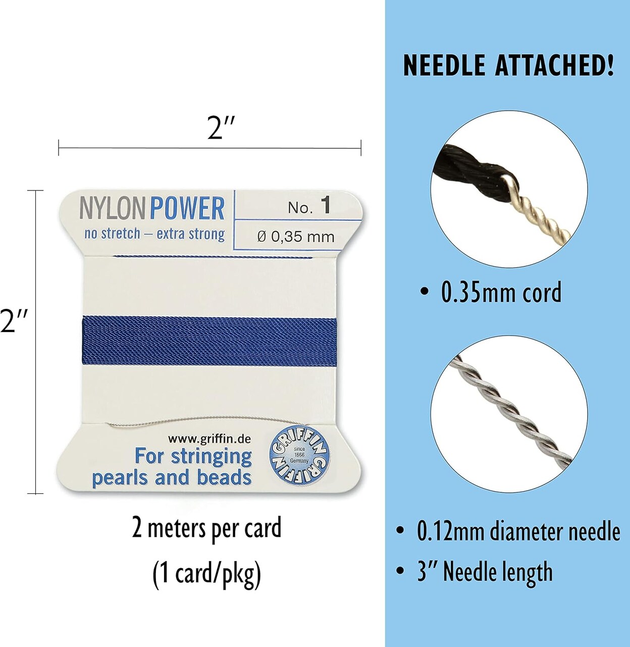 Griffin Nylon Bead Cord Perlseide – Size 1 (0.35mm) – 2 Meters per Card – Stainless Steel Needle Attached – for Knotting Pearls, Gemstones, Crystals and Beads